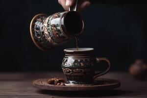 Pouring coffee from turkish coffee pot into cup on wooden table, Pouring Turkish coffee close up from a decorated coffee cup, AI Generated photo