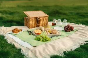 picnic en el césped. picnic cesta con uvas, vino, queso, galletas y un pan en un verde antecedentes. picnic tela sábana en un verde campo con un picnic cesta, ai generado foto