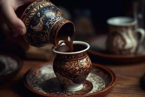 Pouring hot black tea into a clay cup on a wooden table, Pouring Turkish coffee close up from a decorated coffee cup, photo