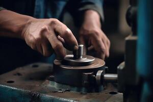 The man is working with a lathe in the factory. The concept of manufacturing. Professional industrial workers hands close up view, AI Generated photo