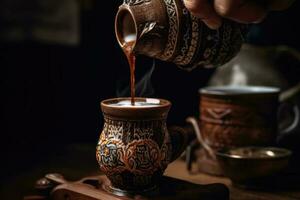 Coffee poured from a cezve into a cup. Pouring Turkish coffee close up from a decorated coffee cup, AI Generated photo
