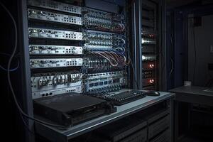 network server room with fiber optic cables connected to switch technology background, Rackmount LED console in a server room of data center, photo