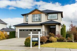 House exterior with entrance sign and blue sky background. Northwest, USA, Real estate home for sale sign hanging in front of the house, AI Generated photo