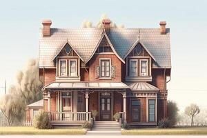 House in the countryside. 3D render. Vintage retro style. Realistic classic house, AI Generated photo