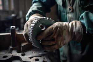 cerca arriba de un del trabajador mano participación un circular sierra. profesional industrial trabajadores manos cerca arriba vista, ai generado foto