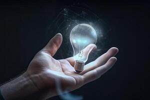 Businessman holding a glowing light bulb in his hand. 3D rendering, Realistic human hand holding a lightbulb, AI Generated photo