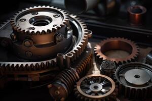 Gear wheel and gearbox on a dark background. Selective focus. Realistic gear set in an engine, photo