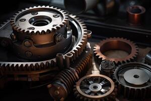 Gear wheel and gearbox on a dark background. Selective focus. Realistic gear set in an engine, AI Generated photo