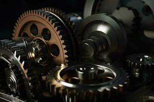 Cogwheels and gears on a dark background. 3d rendering, Realistic industrial engine gear and wheels, AI Generated photo