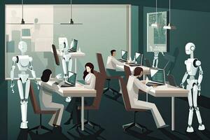 Robot team working in the office. Artificial intelligence concept illustration, Robots replacing humans in the office, AI Generated photo