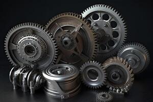 Gear wheels on a black background. Close up. 3D rendering, Realistic industrial engine gear and wheels, AI Generated photo