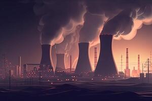 Cooling towers of nuclear power plant with smoke illustration. Realistic nuclear power plants producing electricity, AI Generated photo