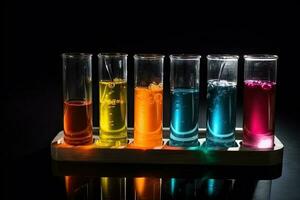 Laboratory glassware with colorful liquid on black background. Science laboratory research and development concept. Science laboratory test tubes filled with colorful tubes, AI Generated photo