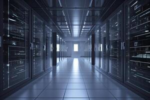 Server room data center hallway with rows of server racks. 3D rendering, Realistic server in datacenter close up shot, photo