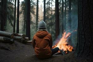 Young woman sitting near bonfire in autumn forest at sunset. Camping lifestyle. Rear view of woman sitting near a campfire in the forest, AI Generated photo