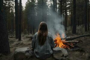 Young woman sitting by the bonfire in the forest and looking at the sky, Rear view of woman sitting near a campfire in the forest, AI Generated photo