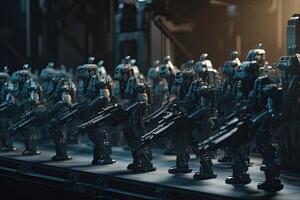 3d rendering of a group of robot soldiers on the conveyor belt, Robot army formation with tactical gears, photo