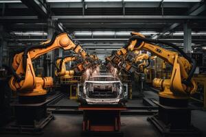 Smart industry robot arms for digital factory production line. Concept of artificial intelligence for the industrial revolution. Robotic arms manufacturing cars in a car factory, AI Generated photo