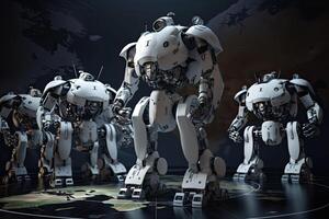 3D rendering of a robot on the background of the world map, Robots conquering the world, photo