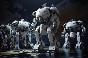 3d representación de un robot en el antecedentes de el mundo mapa, robots conquistador el mundo, ai generado foto