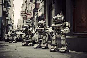 Retro robots in the street of Istanbul. Filtered image processed vintage effect. Robots conquering the world, AI Generated photo