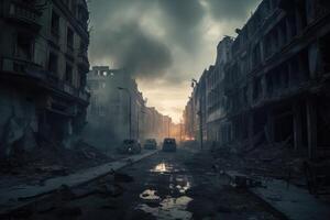 dramático ver de un destruido edificio en el ciudad durante un inundación. de miedo guerra situación y dramático destrucción en un ciudad, ai generado foto