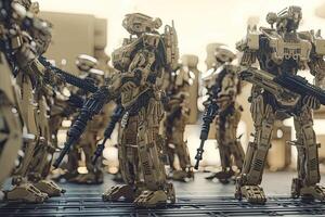 Lego Star Wars minifigures in a museum, Robot army formation with tactical gears, AI Generated photo