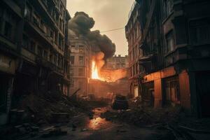 ardiente edificios y calles de kiev pesado fumar desde el fuego. un de miedo guerra situación y dramático destrucción en un ciudad, ai generado foto