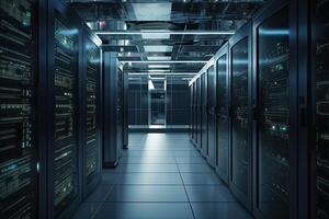 Server room data center. 3d rendering toned image double exposure, Realistic server in datacenter close up shot, photo