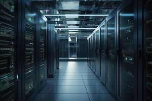 Server room data center. 3d rendering toned image double exposure, Realistic server in datacenter close up shot, AI Generated photo