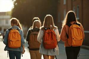 espalda ver de un grupo de muchachas con mochilas caminando en ciudad calle, colegio estudiantes lleno posterior ver con colegio mochila, ai generado foto