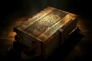 antiguo libro en un de madera mesa en el oscuro. el concepto de lectura. brillante santo libro antiguo libro bandera, ai generado foto