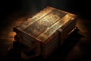 Old book on a wooden table in the dark. The concept of reading. Shining Holy book Ancient Book banner, photo