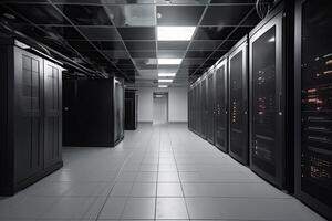 server room data center with rows of black servers. 3d render, Server room interior in a data center, photo
