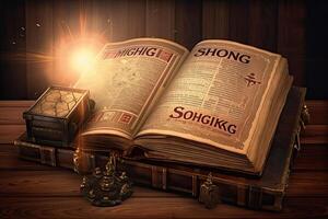 Open an old book on a wooden background. 3d render illustration. Shining Holy book Ancient Book banner, photo