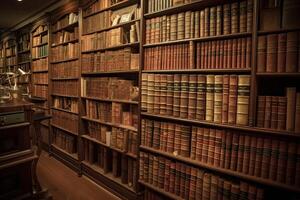 Old bookshelf in the library. Vintage toned image. So many vintage law books on a huge bookshelf, photo
