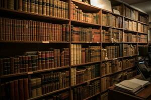 Bookshelves in a library. Bookshelves with books. So many vintage law books on a huge bookshelf, AI Generated photo