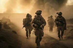 unido estados marina cuerpo especial efectivo soldados en acción durante un Desierto misión, especial militar soldados caminando en un ahumado desierto, ai generado foto