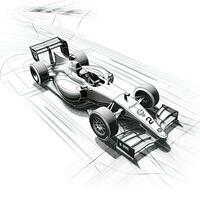 ilustración de un fórmula carrera coche en negro y blanco antecedentes. deporte coche carreras fórmula uno carrera pista línea arte, ai generado foto