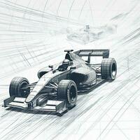 bosquejo de un carreras coche en un blanco antecedentes. 3d representación, deporte coche carreras fórmula uno carrera pista línea arte, ai generado foto
