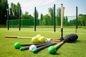 Deportes equipo en el verde césped en el estadio. golf, bádminton, golf, juego de croquet. Deportes equipo en un verde campo, ai generado foto