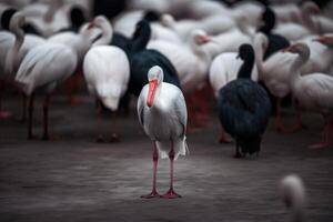 blanco cigüeña en un rebaño de negro y blanco cigüeñas en pie fuera desde el multitud, un blanco pájaro en pie fuera desde otros, ai generado foto