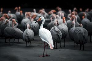 grupo de flamencos en el medio de el lago. negro antecedentes. en pie fuera desde el multitud, un blanco pájaro en pie fuera desde otros, ai generado foto