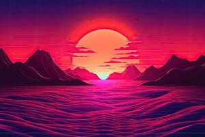 puesta de sol terminado el mar y montañas, ilustración, sintetizador puesta de sol paisaje Años 80 retro sintetizador color, ai generado foto