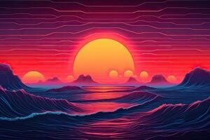 puesta de sol terminado el mar con ondas. ilustración en un plano estilo. sintetizador puesta de sol paisaje Años 80 retro sintetizador color, ai generado foto