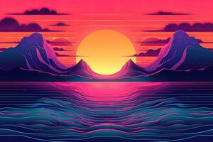 puesta de sol terminado el mar.ilustracion en un plano estilo. sintetizador puesta de sol paisaje Años 80 retro sintetizador color, ai generado foto