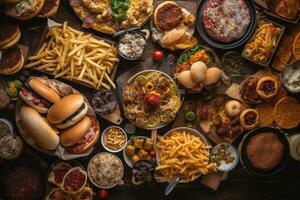 Overhead view of various fast food on wooden table with copy space, So many delicious fast food items on top view on a table, AI Generated photo