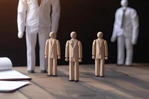 Group of wooden figures of business people standing in a row on wooden floor, Team meeting and presentation concept without any face, AI Generated photo