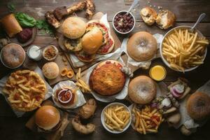 Overhead view of hamburgers and french fries on wooden table, So many delicious fast food items on top view on a table, AI Generated photo