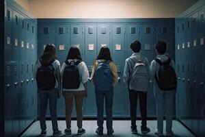 espalda ver de estudiantes en pie en un fila en armario habitación a escuela, Adolescente colegio niños en pie en frente de armario, ai generado foto